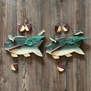 Antique “folk art” Decorative Fish Wall Hanging Set - Green and Brown